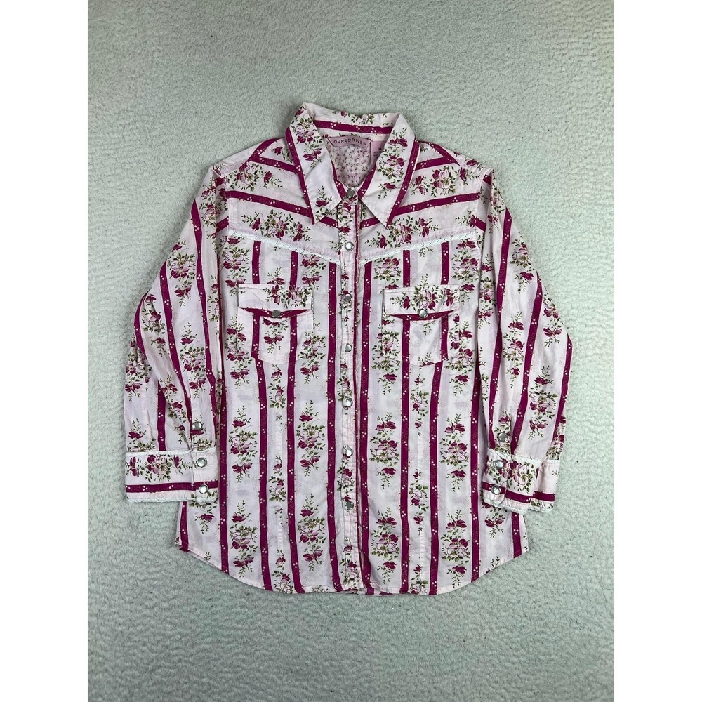 Overdrive Shirt Girls Medium Pink Floral Western Snap Pearl Long Sleeve